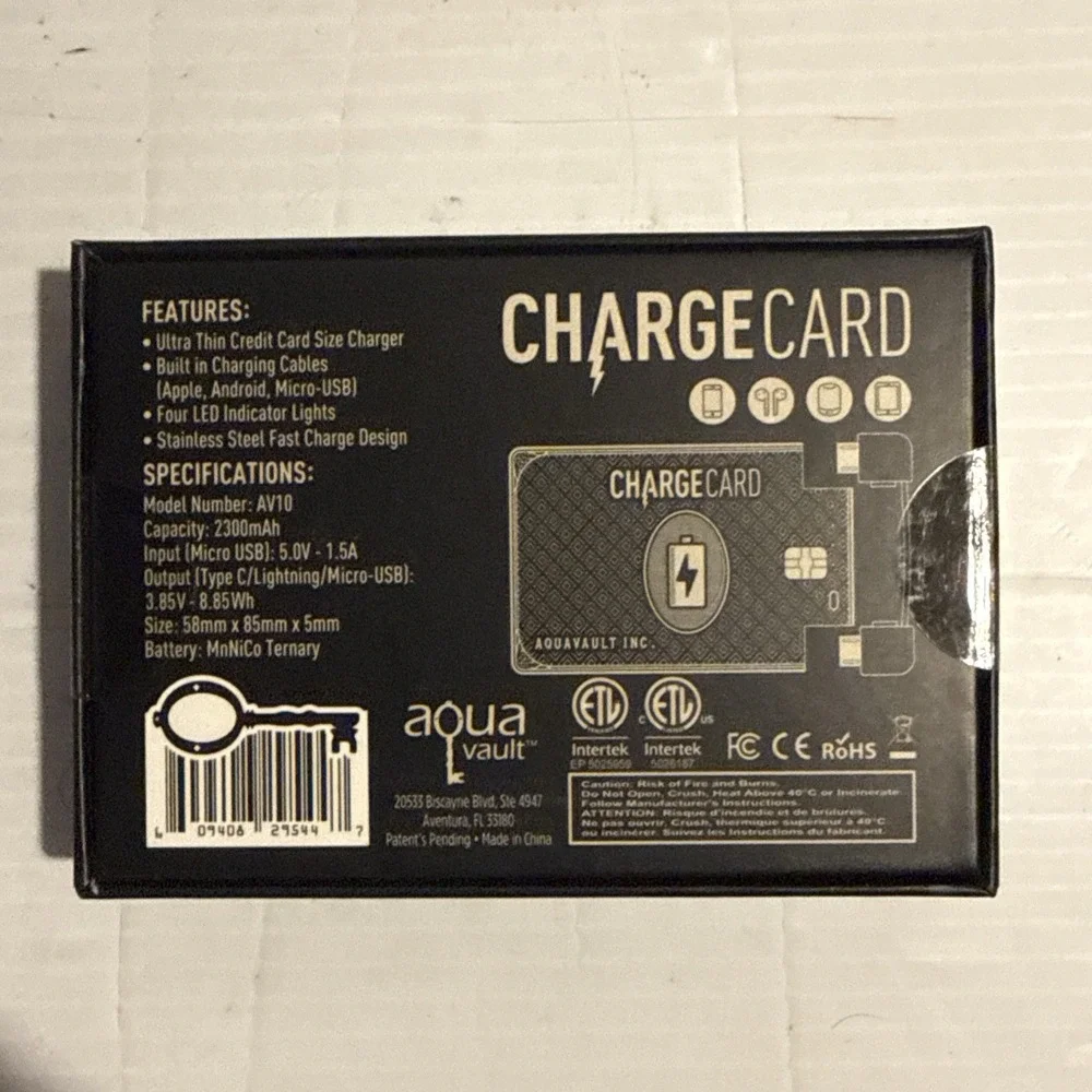 AquaVault ChargeCard Model AV10 Portable Power Bank Phone Charger | Brand New